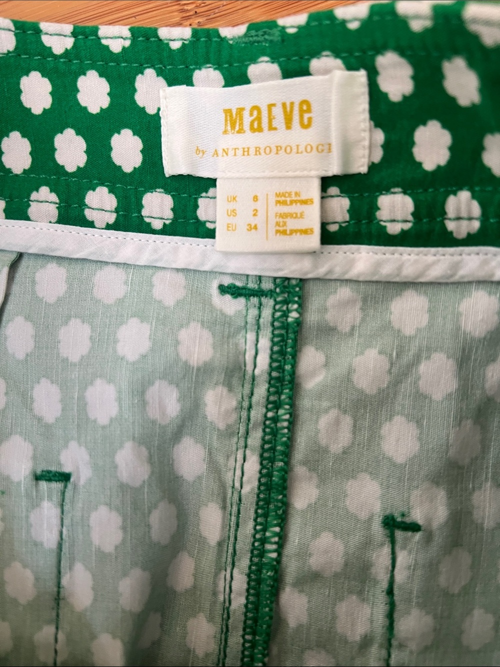 Maeve Green & White print Pants size 2 coulette cropped - Picture 4 of 6